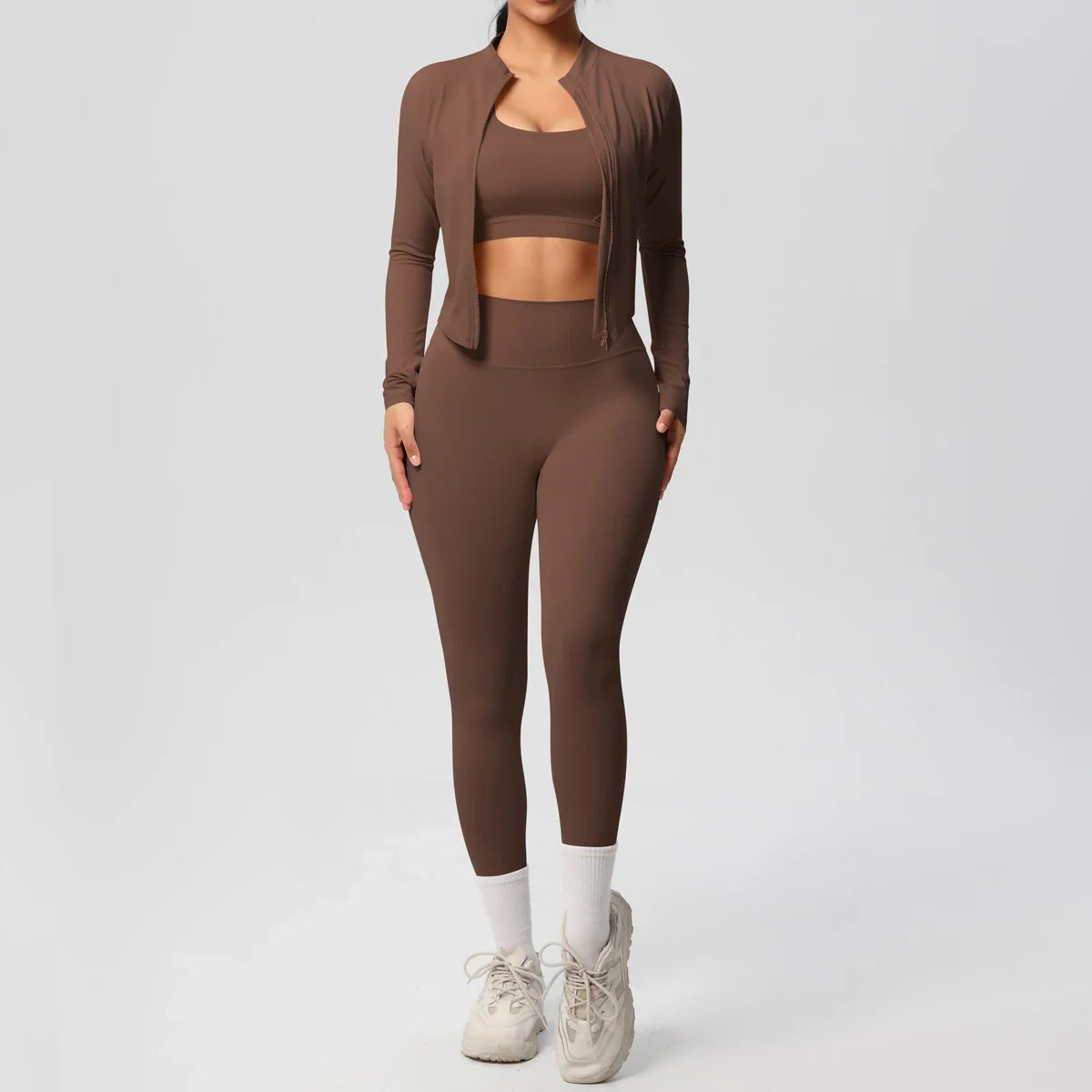 Women's Three Piece Gym Set - Cropped Jacket - Sports Bra - High Waist Leggings