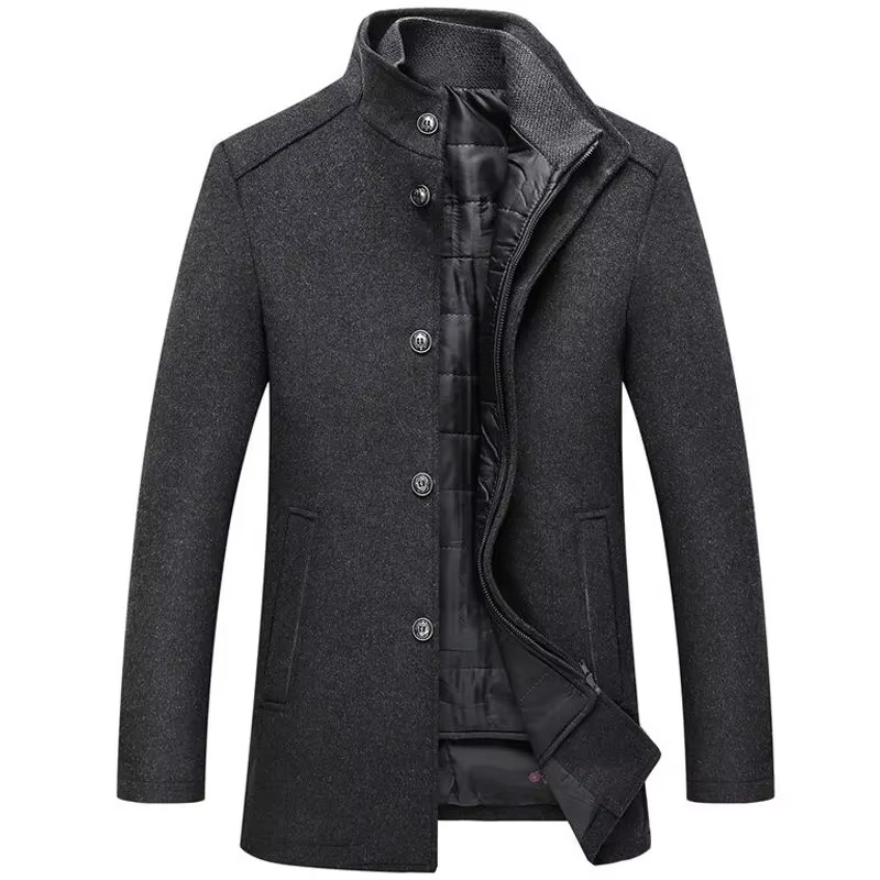 Men's Wool Blend Coat with Removable Inner Vest and Stand Collar