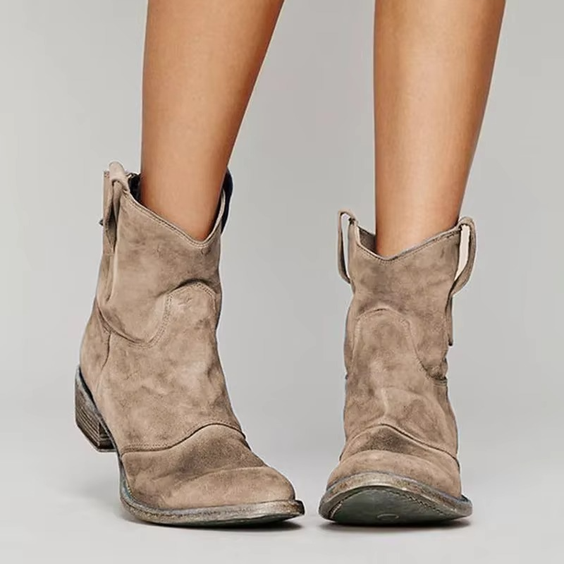 Women's Slip-On Western Ankle Boots with Pointed Toe and Low Block Heel