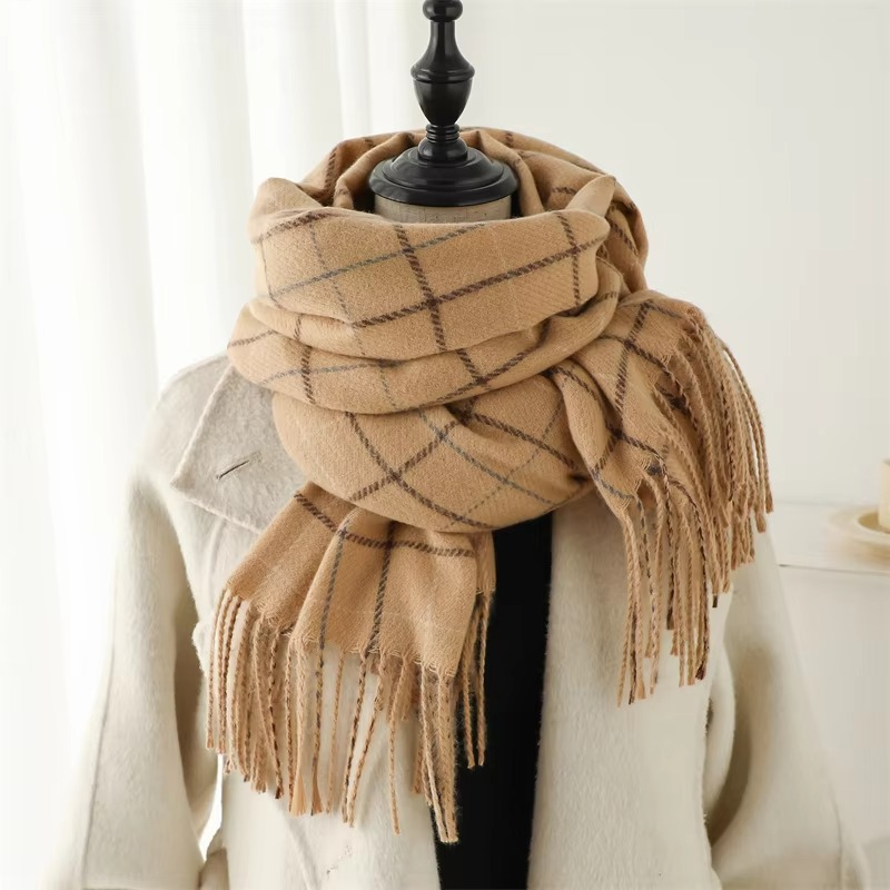 Woven Plaid Scarf with Tassel Fringe Edges and Adjustable Wrap, 78in x 27in