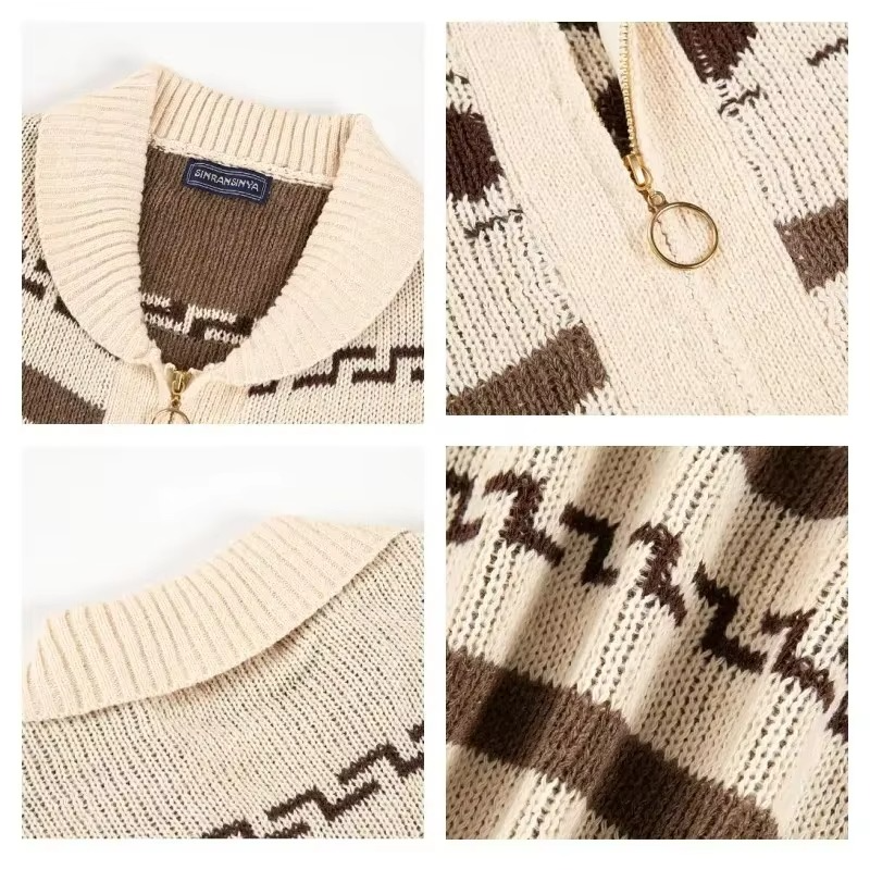 Textured Jacquard Knit Cardigan with Shawl Collar and Full Length Zipper