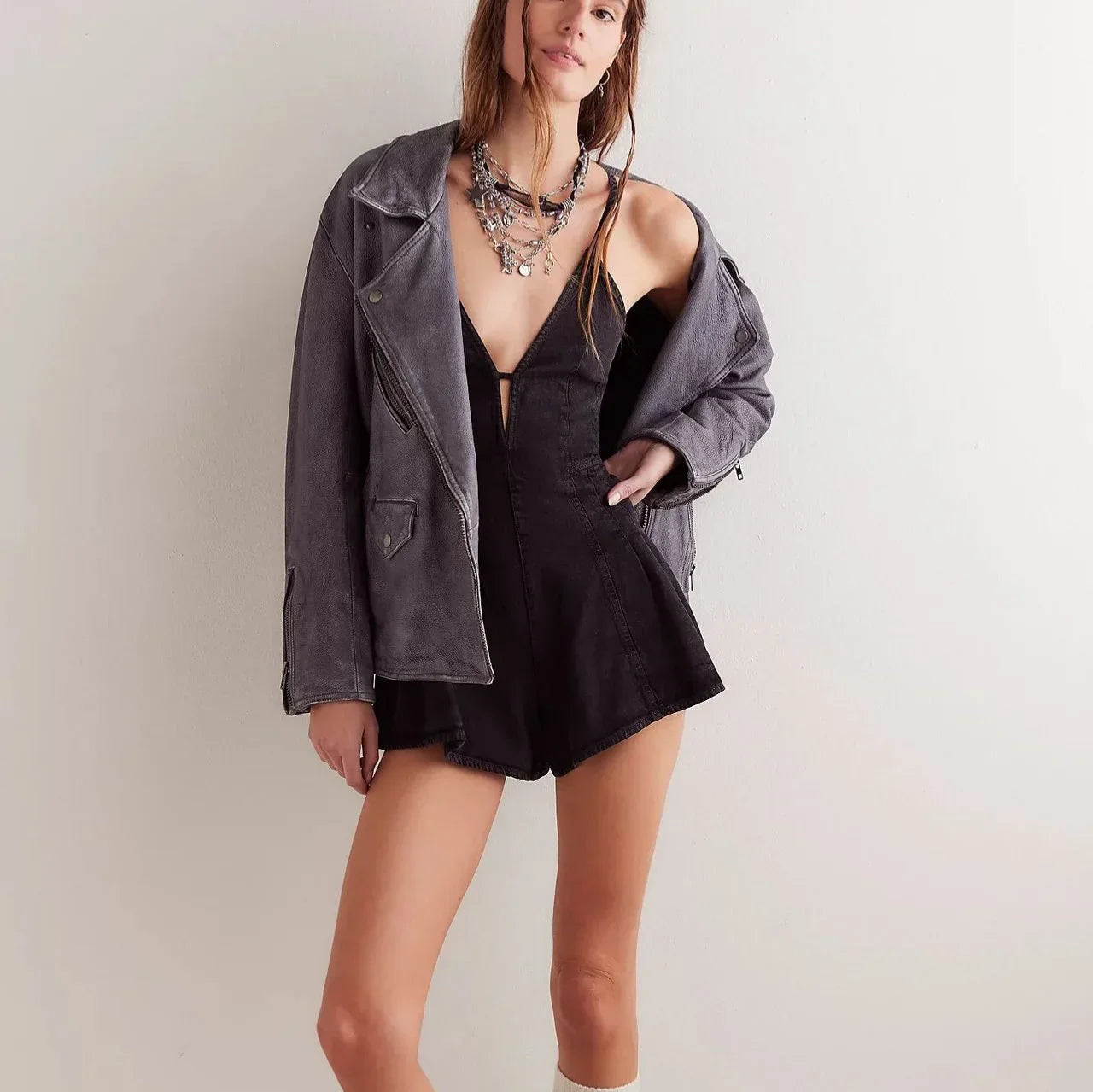 Women's Denim Romper - Deep V-Neck - Crossback Tie - Flared Short