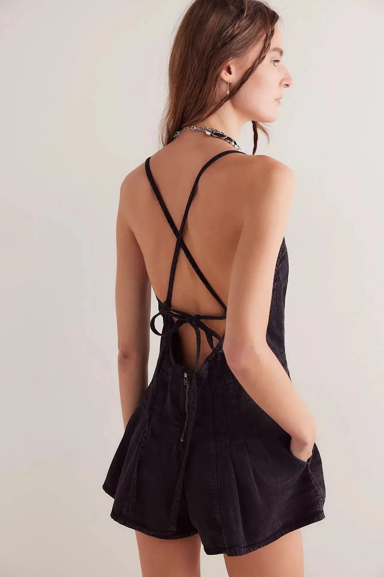 Women's Denim Romper - Deep V-Neck - Crossback Tie - Flared Short