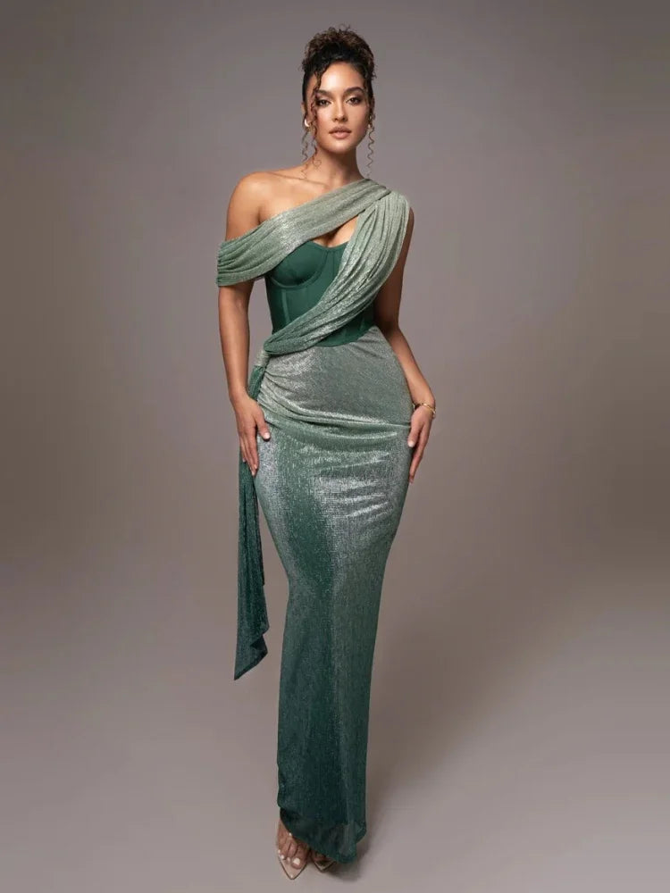 Women’s Off Shoulder Maxi Evening Dress with Draped Overlay and Sculpted Fit Elegant Event Style