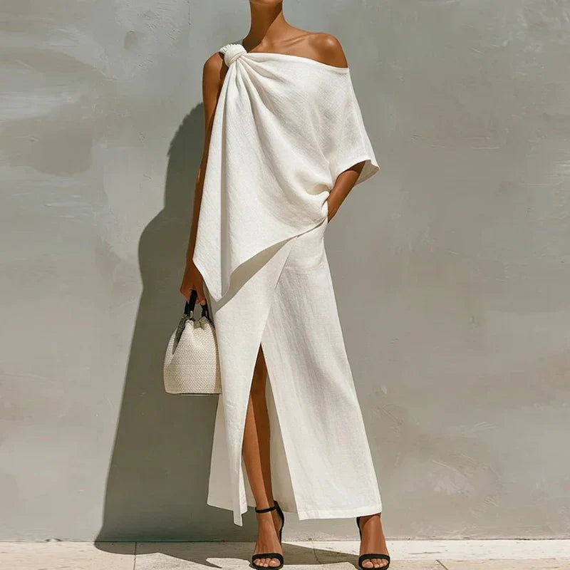 Women's Two-Piece Set One-Shoulder Draped Top Maxi Skirt Side Slit