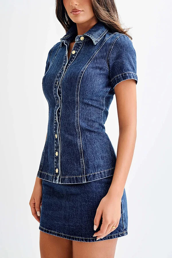 Women’s Denim Two Piece Set with Short Sleeve Button Front Collared Top and Mini Skirt