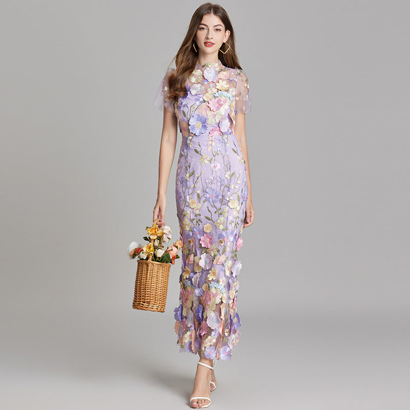 Women’s Floral Embroidered Maxi Dress with Sheer Overlay