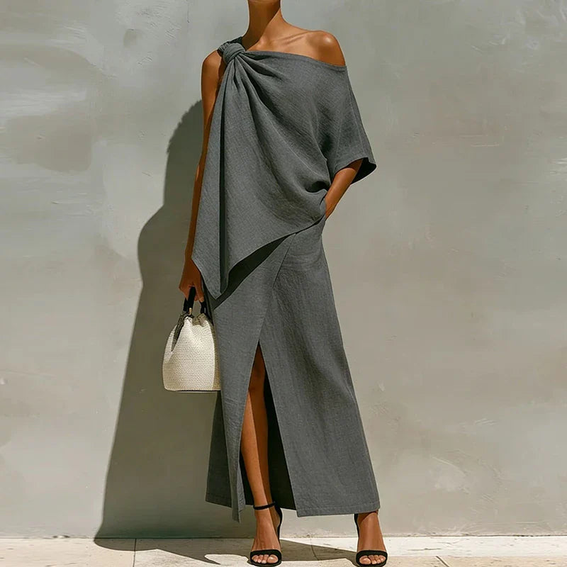 Women's Two-Piece Set One-Shoulder Draped Top Maxi Skirt Side Slit