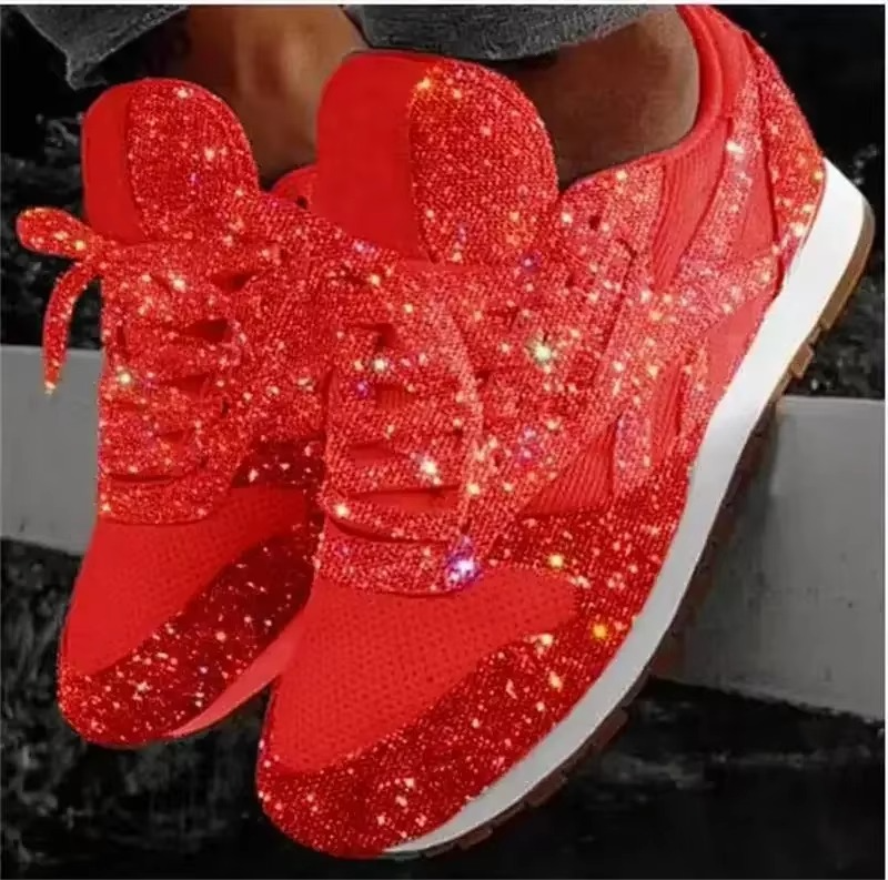 Glitter Mesh Sneakers for Women with Lace-Up Closure and Breathable Upper