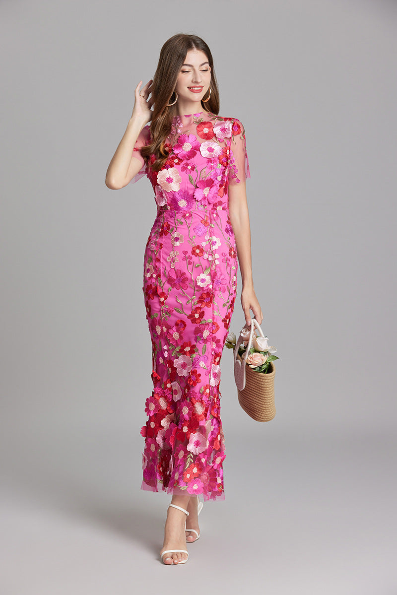 Women’s Floral Embroidered Maxi Dress with Sheer Overlay