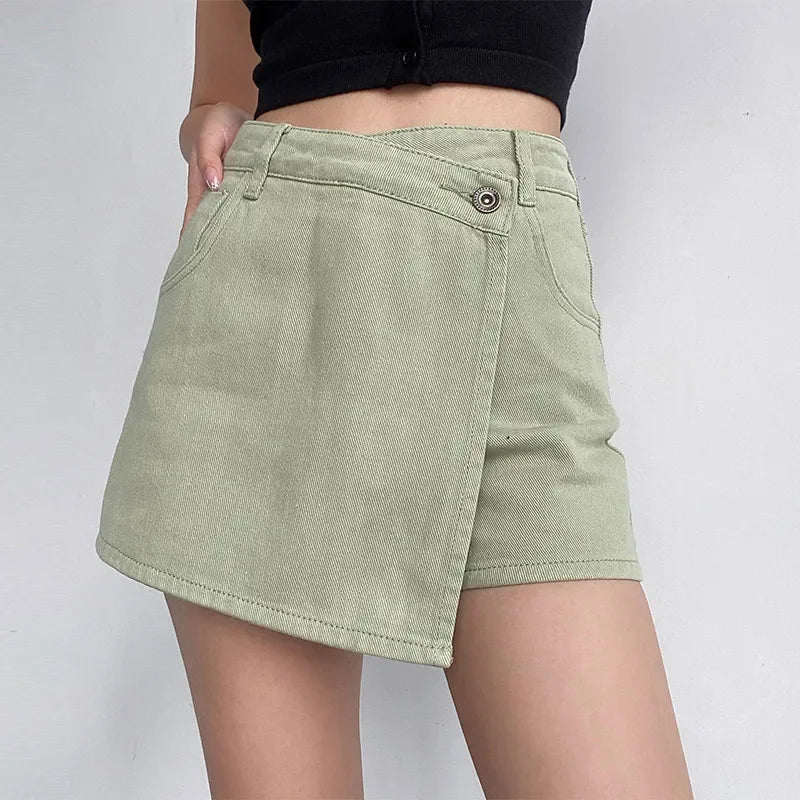 Damen Hoch taillierter Jeans-Skort mit asymmetrischem Wickelvorderteil