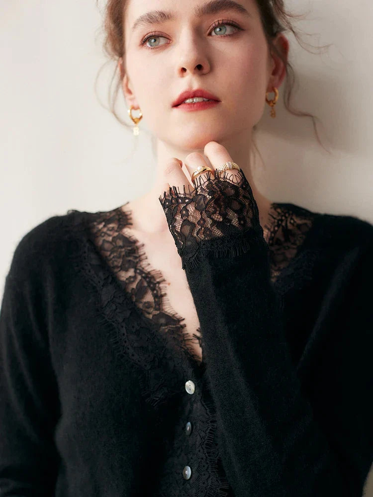 Women’s Fitted Cardigan with Lace Trim and Button Front