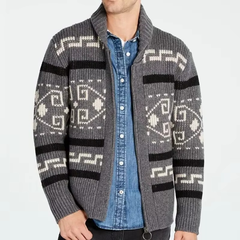 Textured Jacquard Knit Cardigan with Shawl Collar and Full Length Zipper