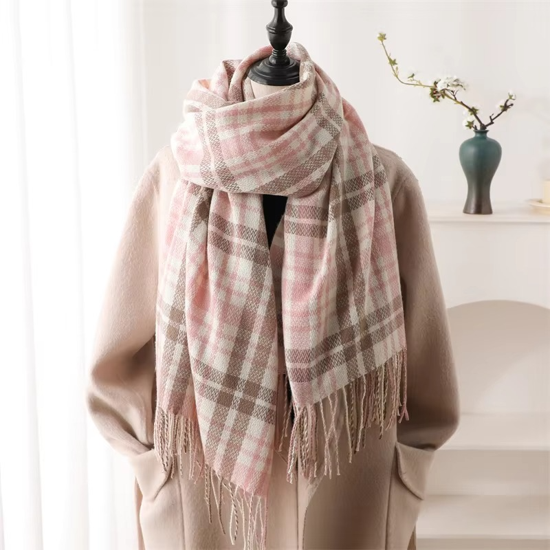 Woven Plaid Scarf with Tassel Fringe Edges and Adjustable Wrap, 78in x 27in