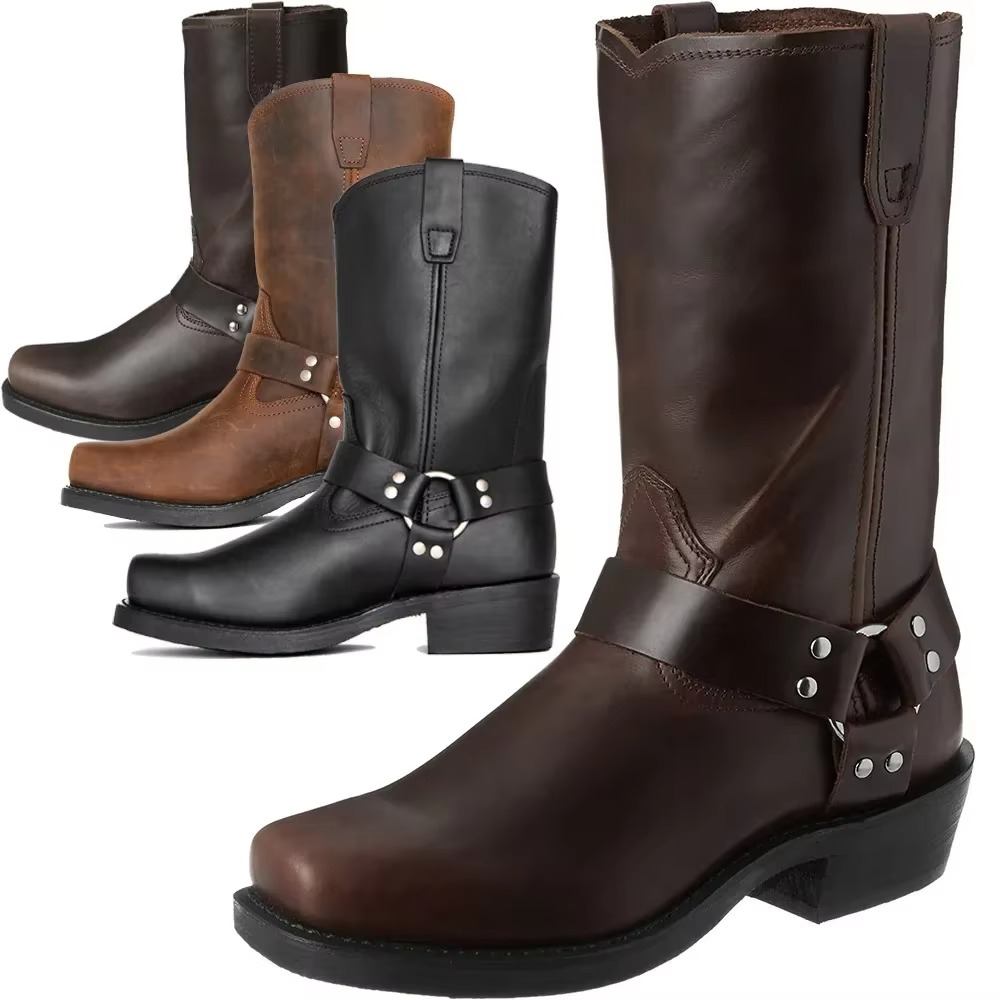 Men's Western Boots with Mid Calf Height and Retro Stitching