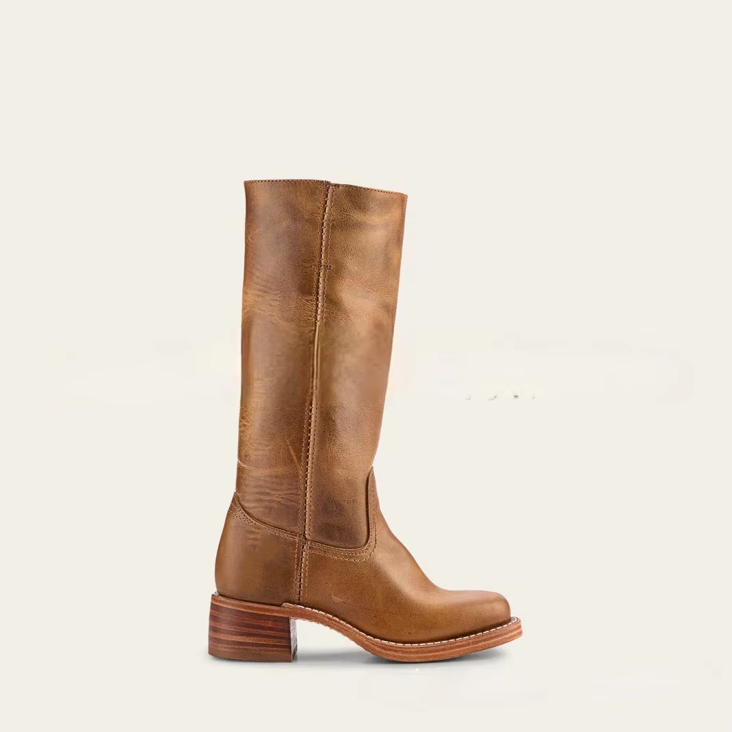 Wide Calf Knee High Boots with Round Toe and Pull On Design, 2.4 Inch Square Heel