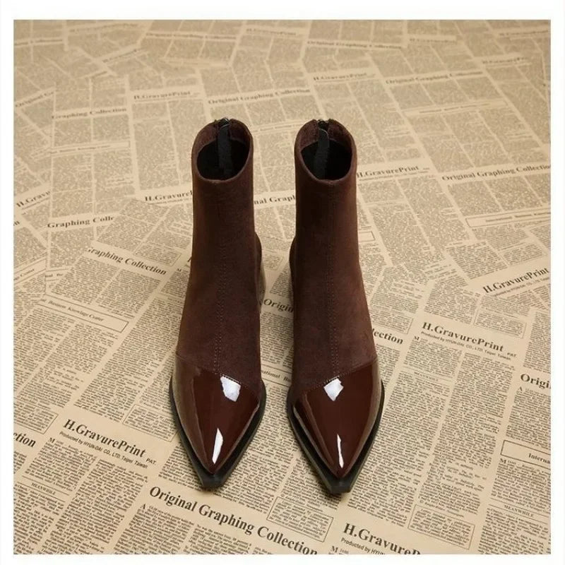 Women’s Suede Ankle Boots with Block Heel, Pointed Toe, Zip Closure, Smart Casual Dress Boots