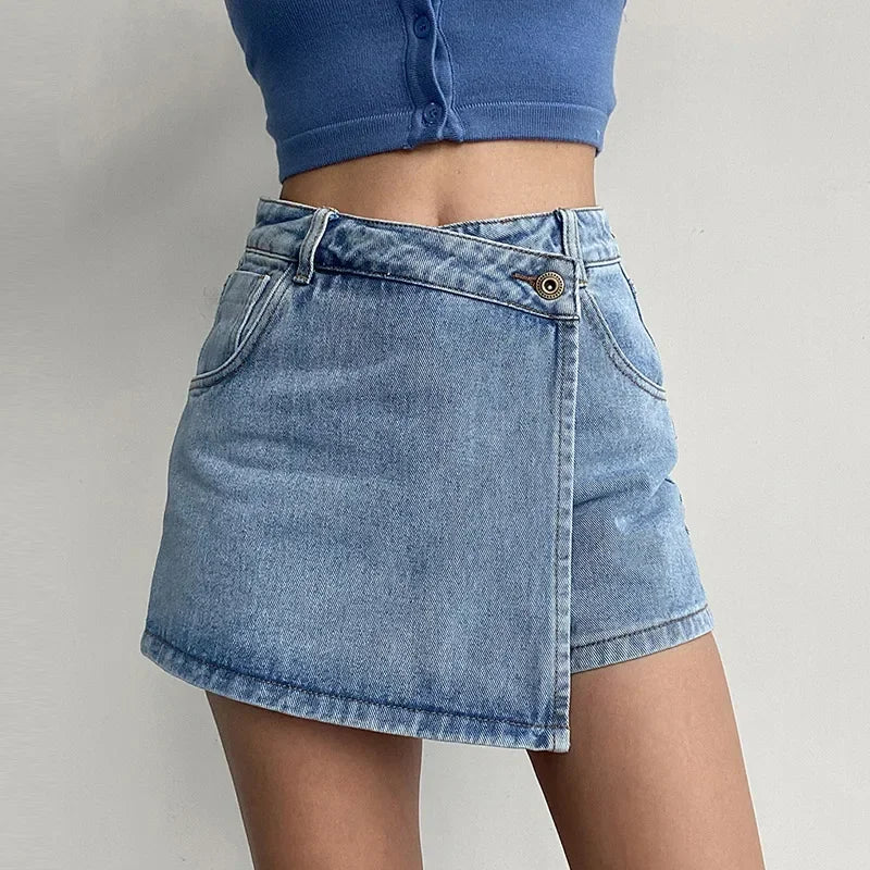 Damen Hoch taillierter Jeans-Skort mit asymmetrischem Wickelvorderteil