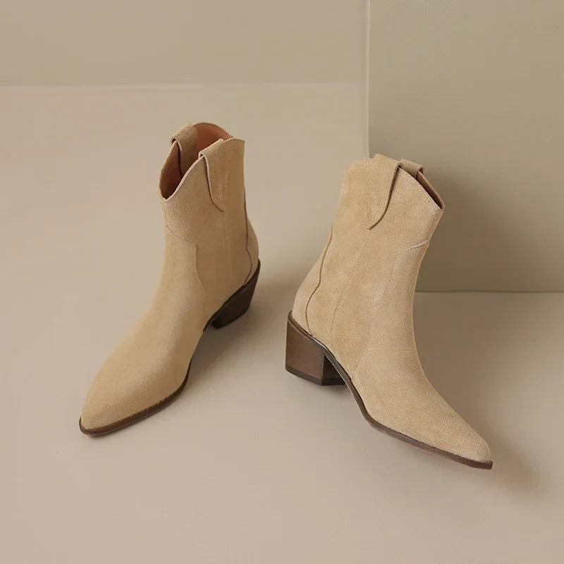 Women’s Western-Style Ankle Boots with Pointed Toe and Block Heel
