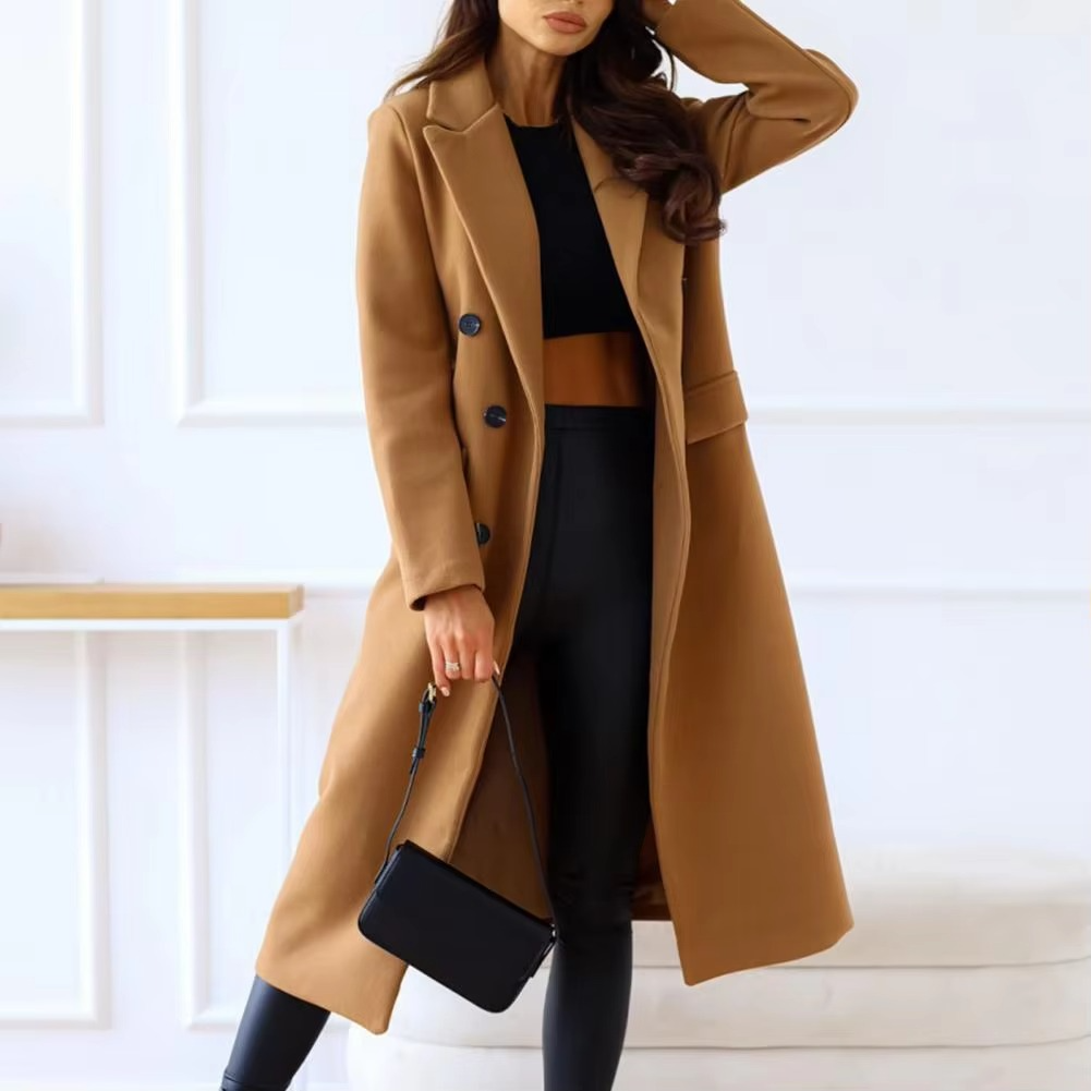 Mid Length Coat with Double Breasted Buttons and Structured Lapel