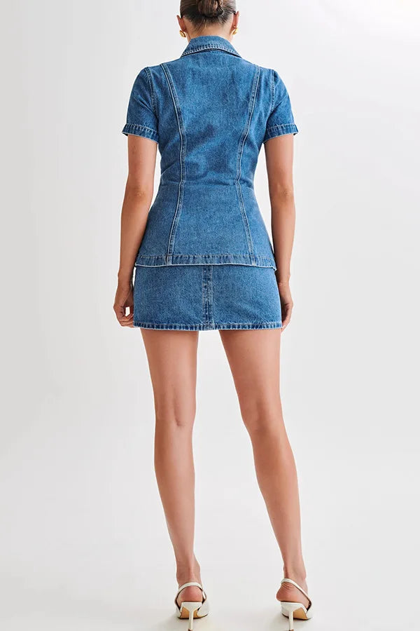 Women’s Denim Two Piece Set with Short Sleeve Button Front Collared Top and Mini Skirt