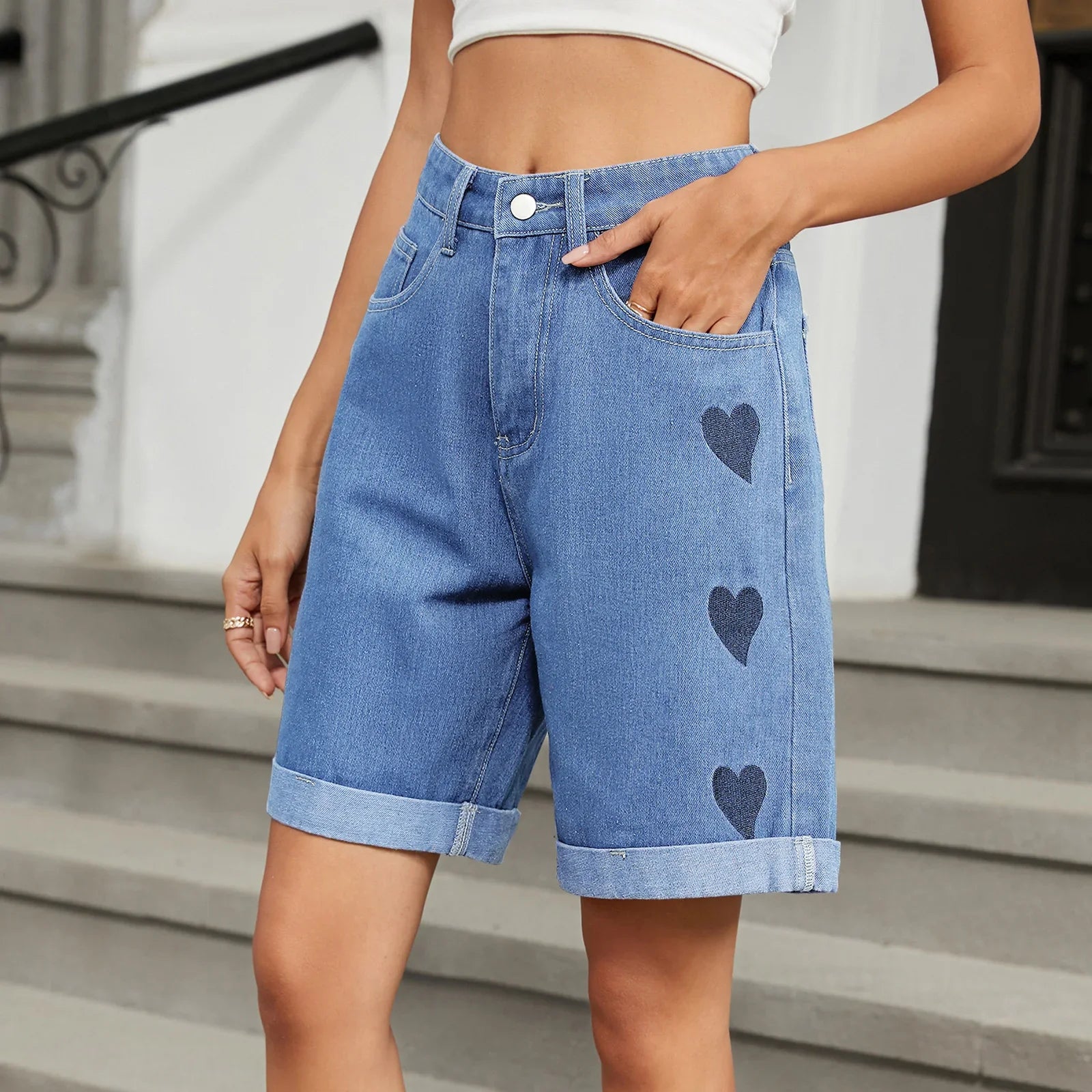 Women's High Waist Denim Bermuda Shorts - Heart Print Cuffed Hem
