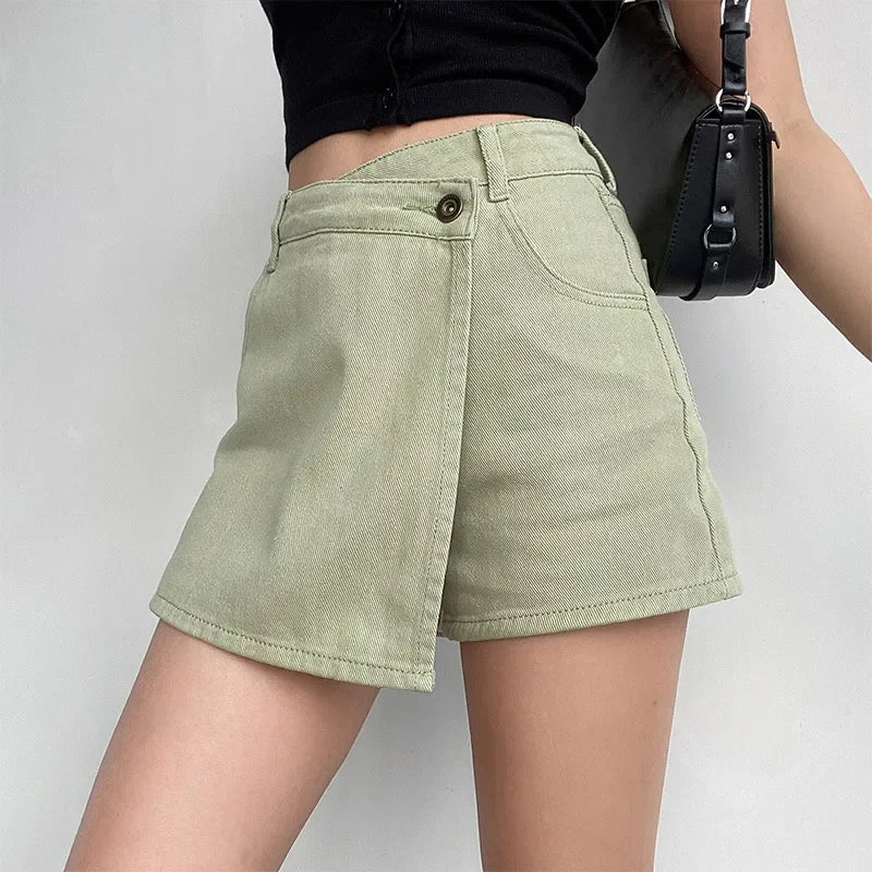 Damen Hoch taillierter Jeans-Skort mit asymmetrischem Wickelvorderteil