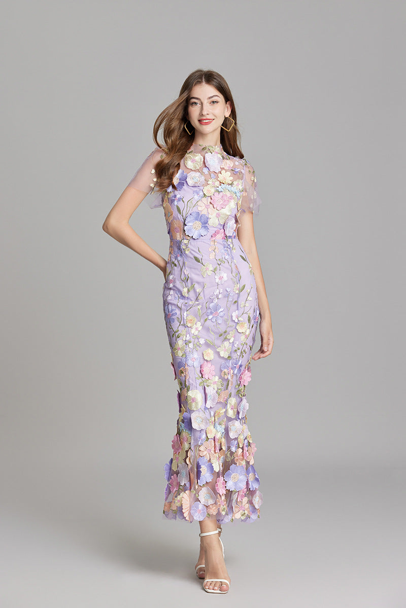 Women’s Floral Embroidered Maxi Dress with Sheer Overlay