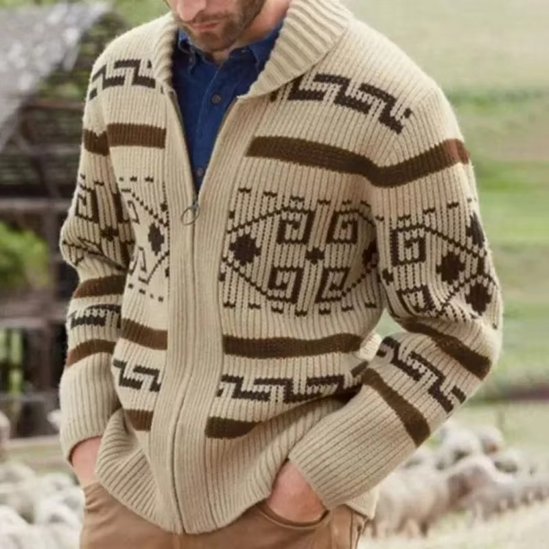 Textured Jacquard Knit Cardigan with Shawl Collar and Full Length Zipper