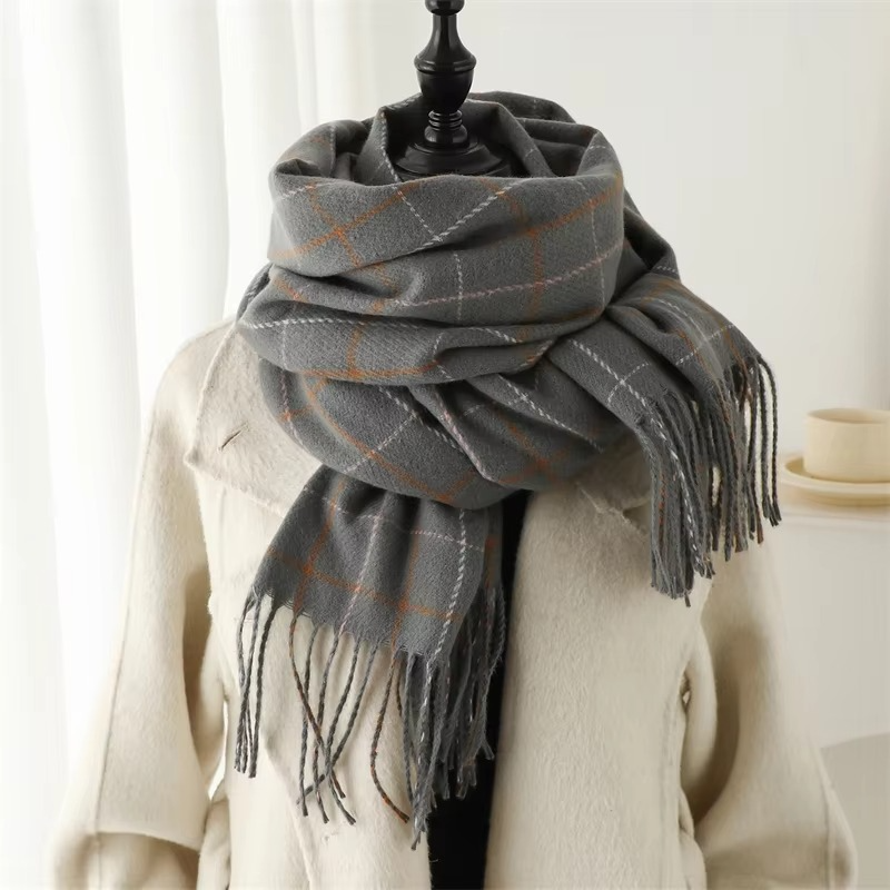 Woven Plaid Scarf with Tassel Fringe Edges and Adjustable Wrap, 78in x 27in