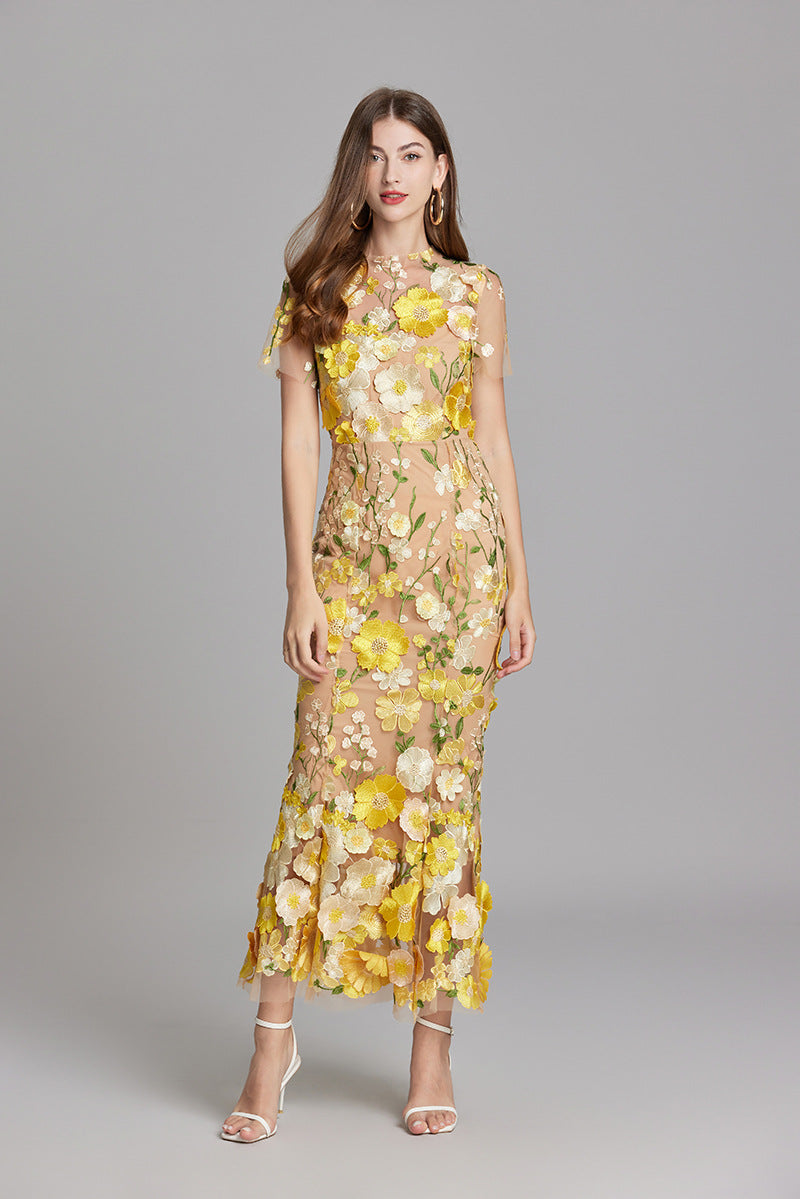 Women’s Floral Embroidered Maxi Dress with Sheer Overlay