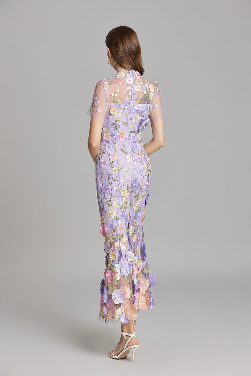 Women’s Floral Embroidered Maxi Dress with Sheer Overlay