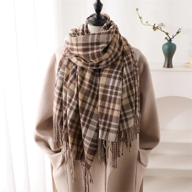 Woven Plaid Scarf with Tassel Fringe Edges and Adjustable Wrap, 78in x 27in
