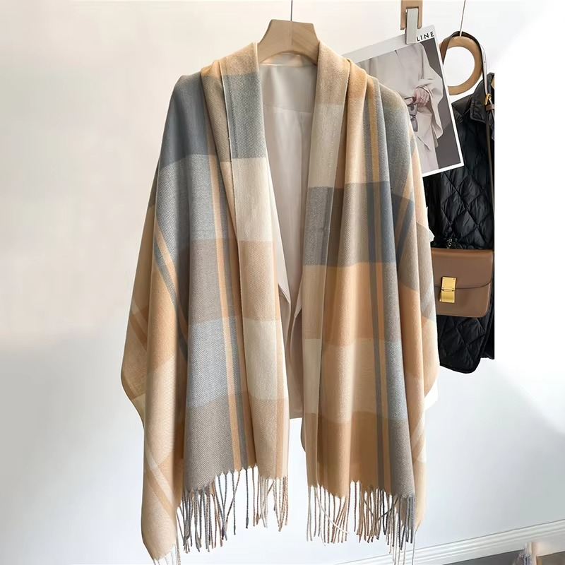Woven Plaid Scarf with Tassel Fringe Edges and Adjustable Wrap, 78in x 27in