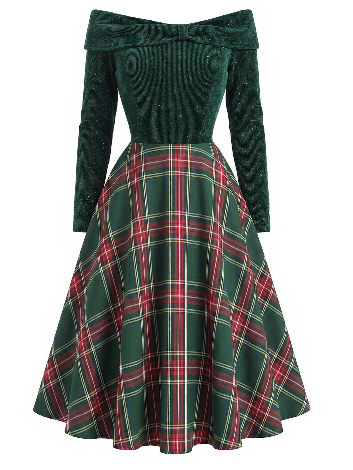 Off Shoulder Tartan Dress for Holiday Events and Festive Occasions, Knee Length