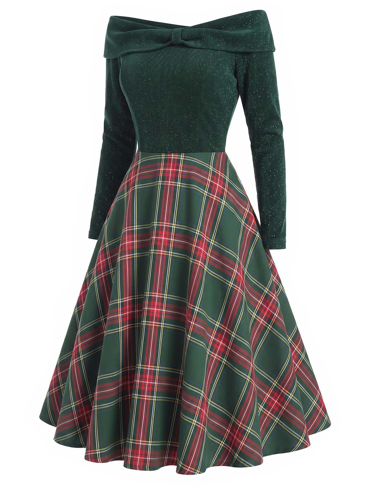 Off Shoulder Tartan Dress for Holiday Events and Festive Occasions, Knee Length