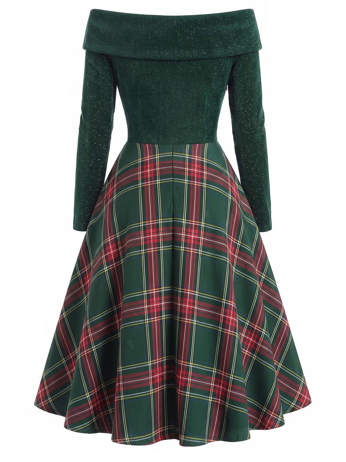 Off Shoulder Tartan Dress for Holiday Events and Festive Occasions, Knee Length