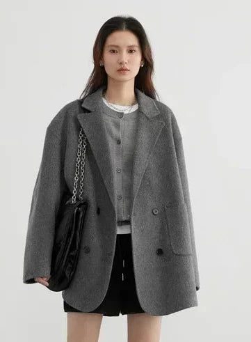 Double Breasted Polyester Coat with Loose Draping Silhouette and Double Sided Construction for Women