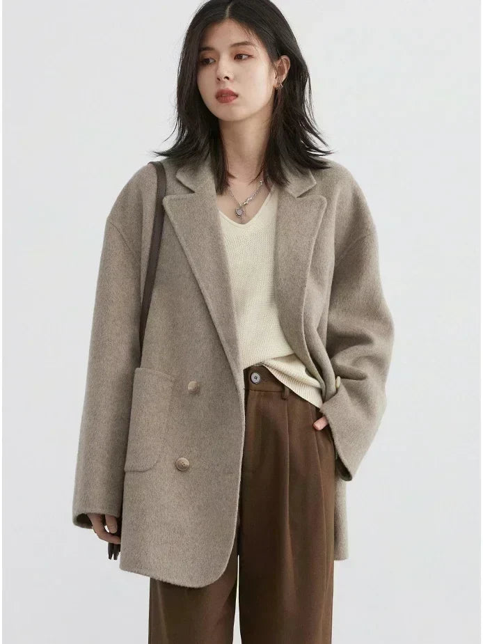 Double Breasted Polyester Coat with Loose Draping Silhouette and Double Sided Construction for Women