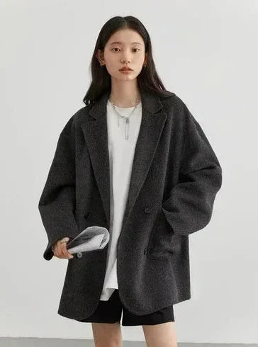 Double Breasted Polyester Coat with Loose Draping Silhouette and Double Sided Construction for Women