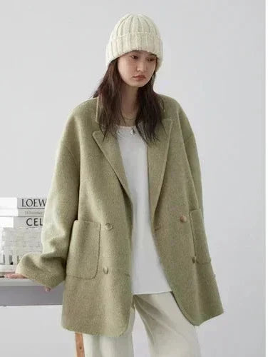 Double Breasted Polyester Coat with Loose Draping Silhouette and Double Sided Construction for Women