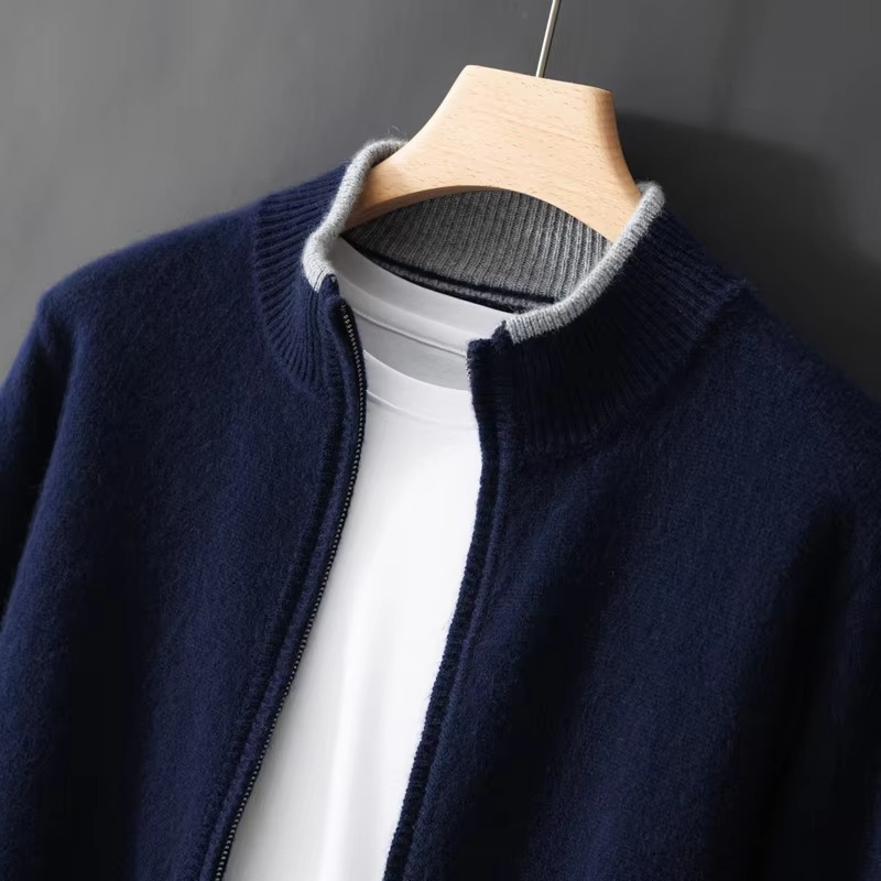 Men's Zip Cardigan Sweater with Loose Shoulder Fit and Knit Fabric for Autumn Winter