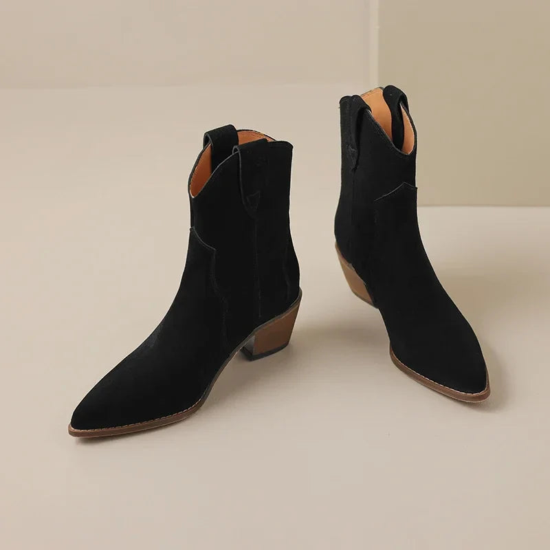 Women’s Western-Style Ankle Boots with Pointed Toe and Block Heel