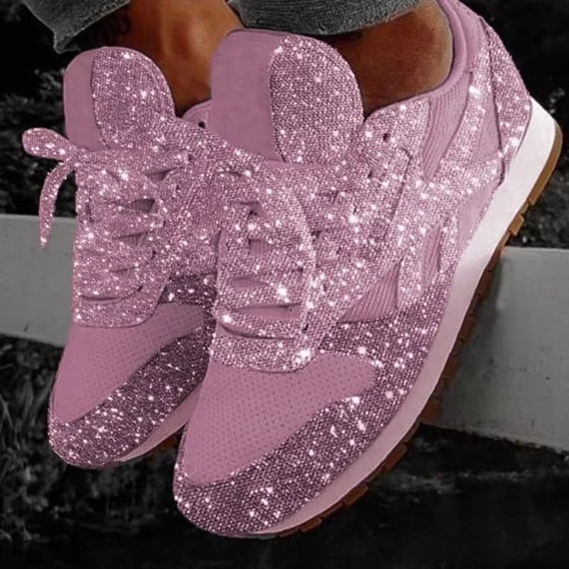 Glitter Mesh Sneakers for Women with Lace-Up Closure and Breathable Upper