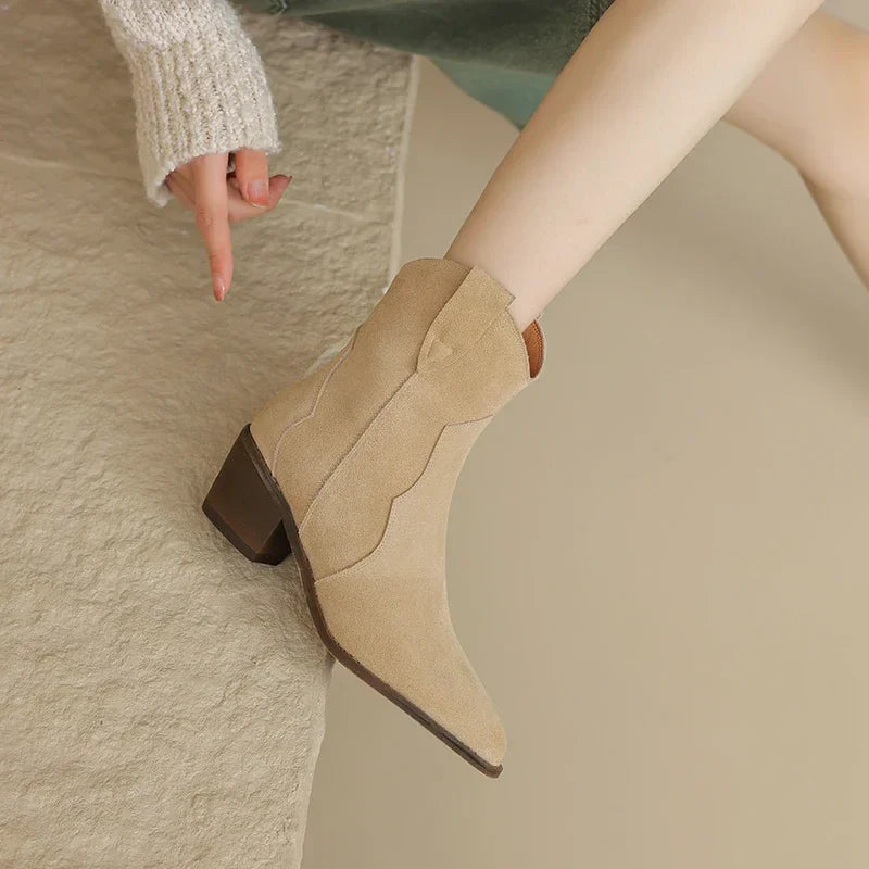 Women’s Western-Style Ankle Boots with Pointed Toe and Block Heel
