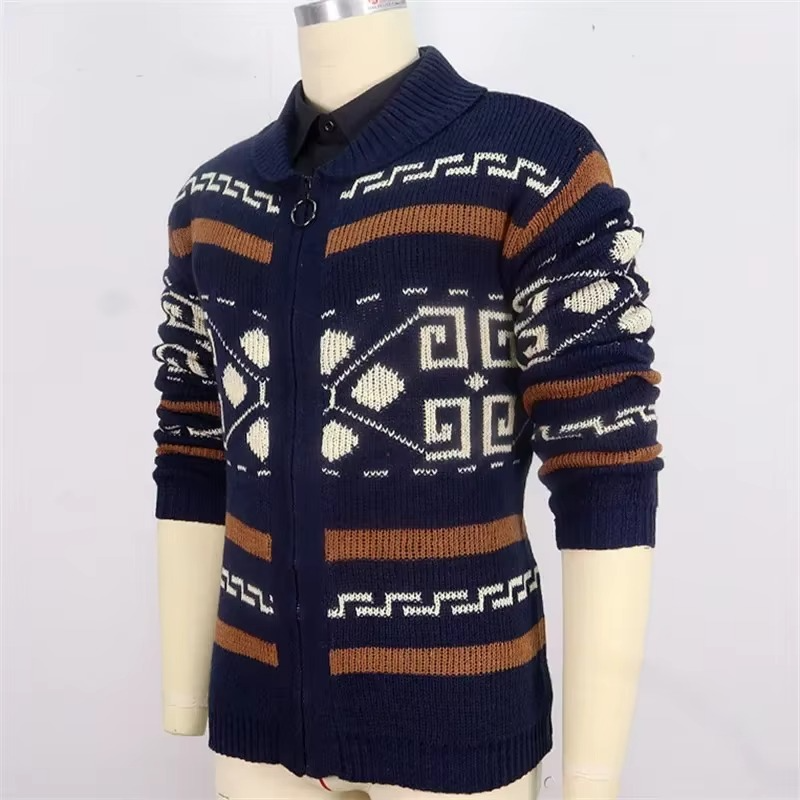 Textured Jacquard Knit Cardigan with Shawl Collar and Full Length Zipper