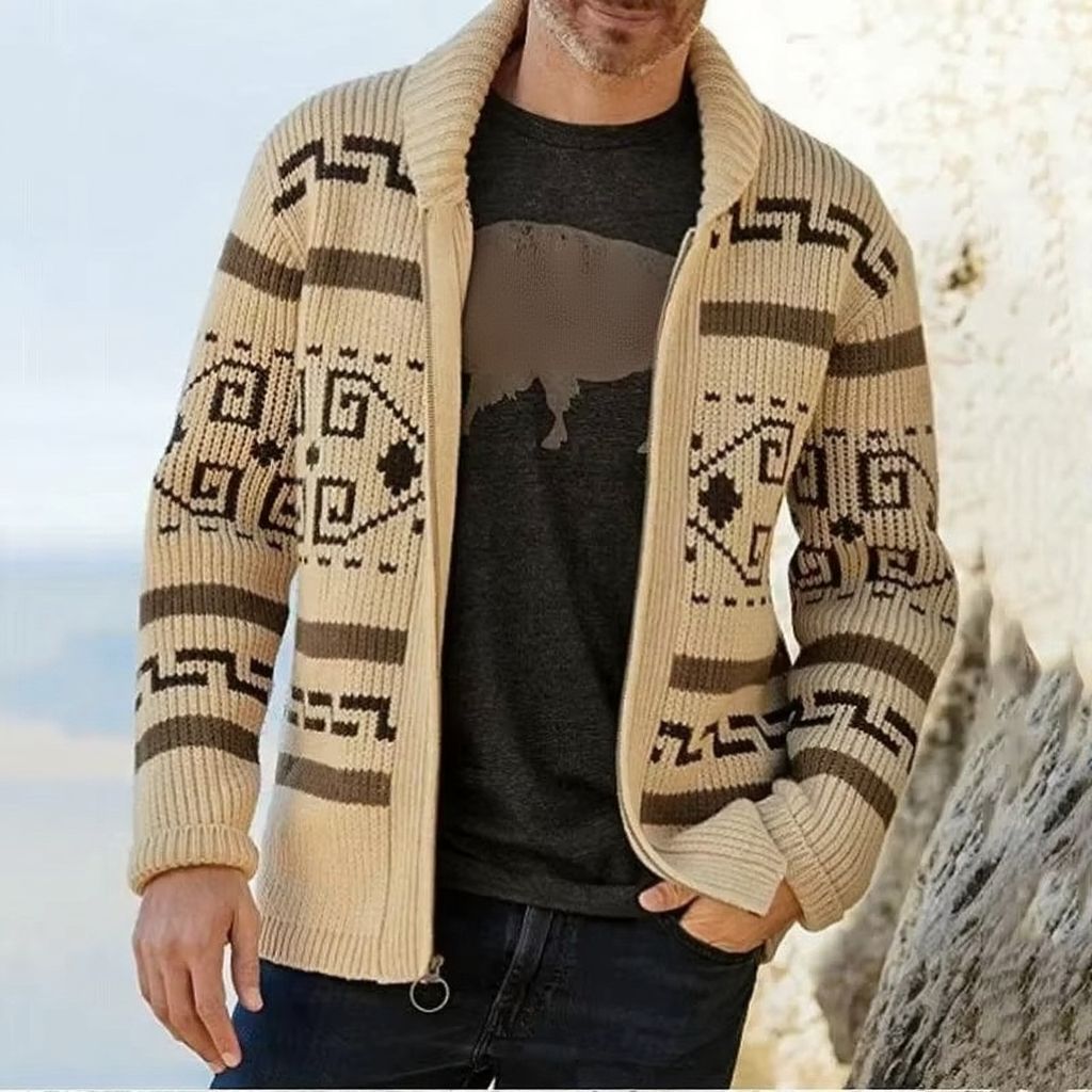 Textured Jacquard Knit Cardigan with Shawl Collar and Full Length Zipper