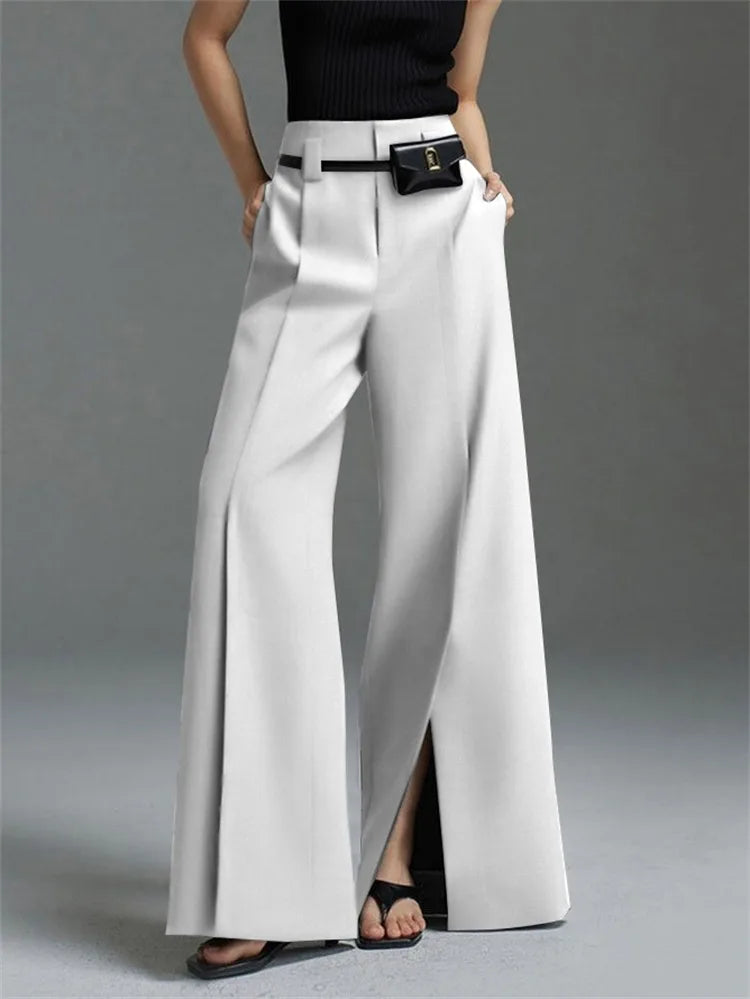 Women’s Wide Leg Pants - High Waist - Full Length - Front Pleat - Split Hem Design