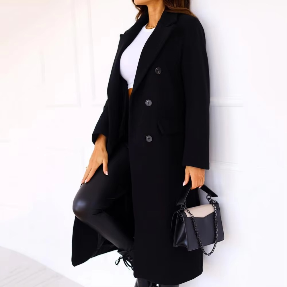 Mid Length Coat with Double Breasted Buttons and Structured Lapel