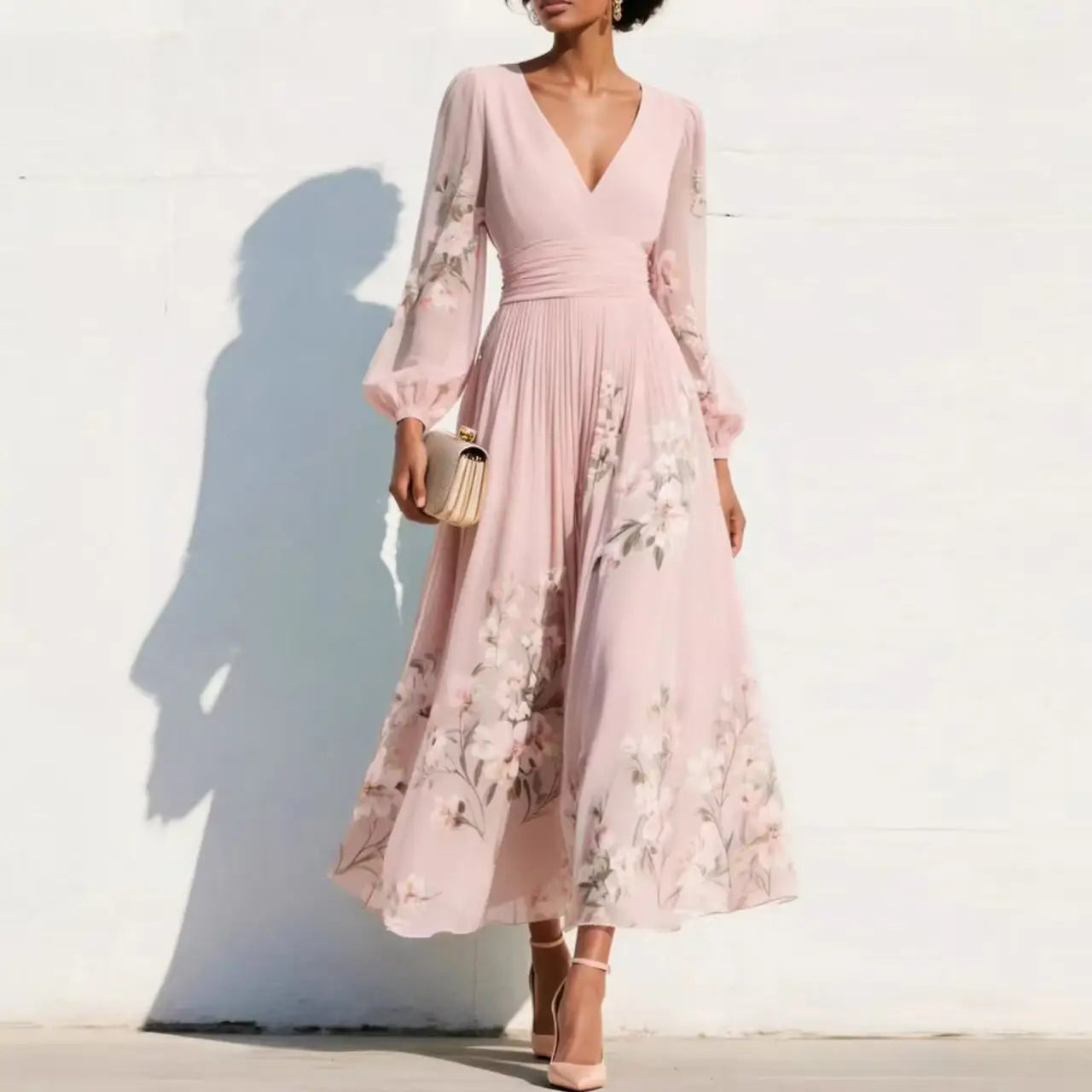 Women's Floral Border Print Maxi Dress - V-Neck Bishop Long Sleeves
